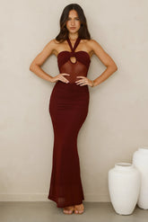 Irresistible Style Mesh Halter Maxi Dress Burgundy